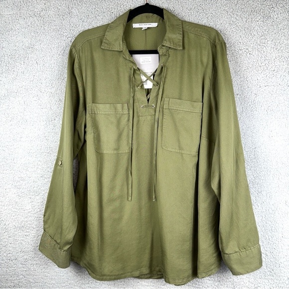 Marc New York Top Womens 1X Green Blouse‎ Lace Up Roll Tab Office Minimalist - Picture 1 of 14